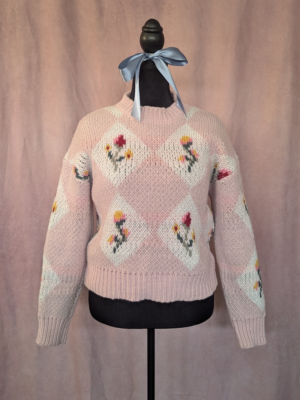 Pink Floral Argyle Chunky Knit Sweater Pullover Approx. XL